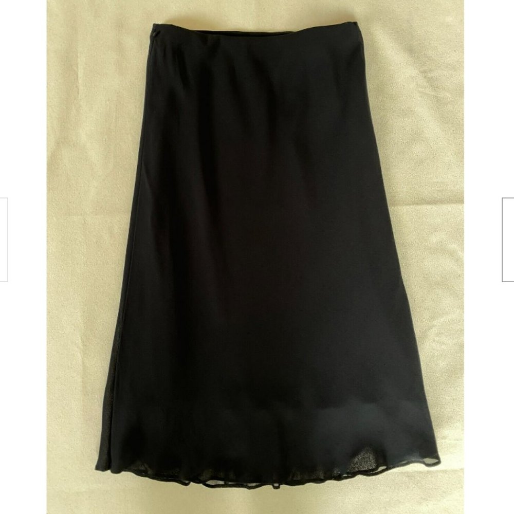 Marks and Spencer Black Flutter Hem Midi Skirt, Semi-Sheer Overlay, Size 8.